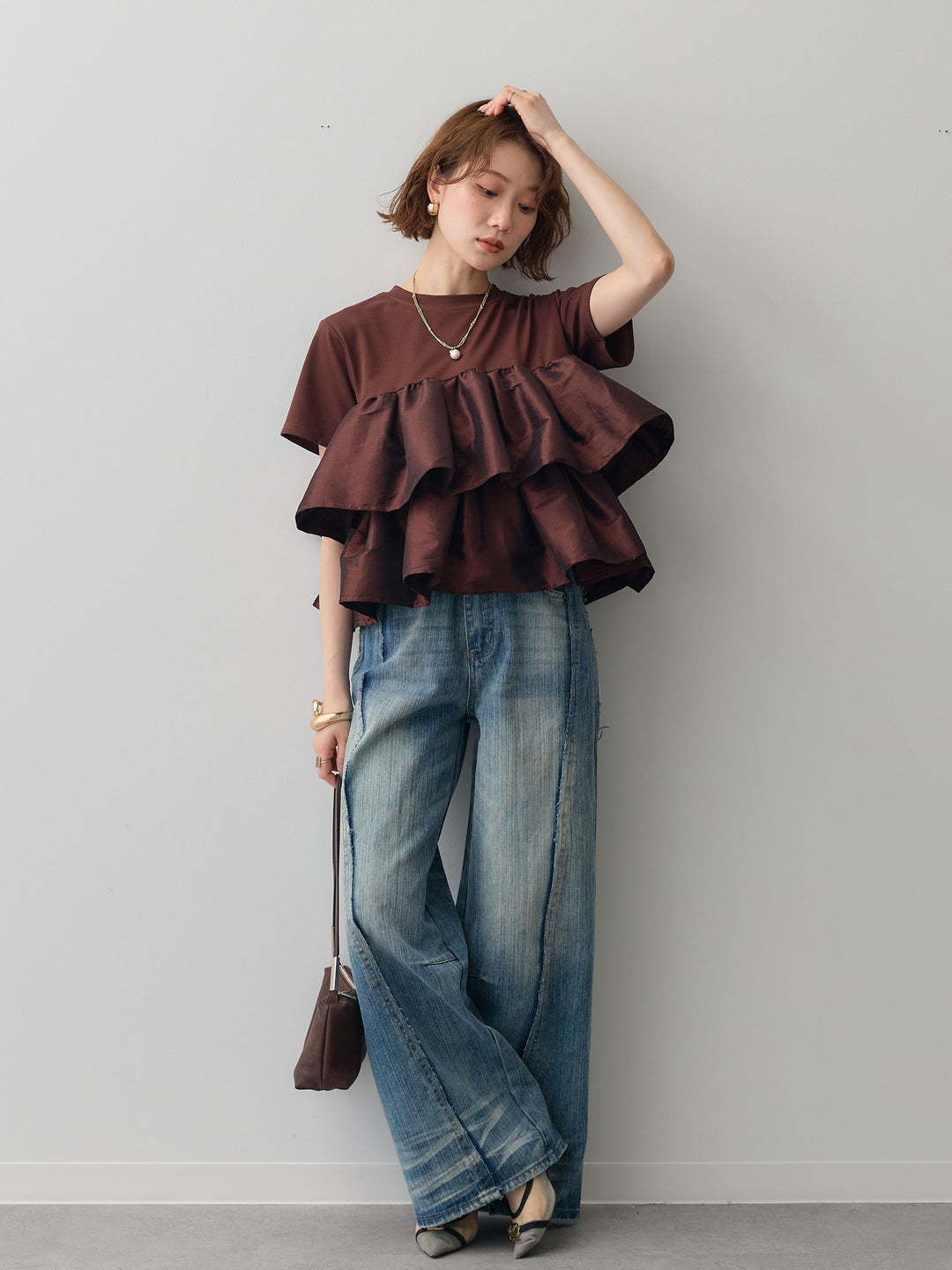 [SET]フリルティアードTEE+縦ウォッシュワイドデニムパンツ(2set)