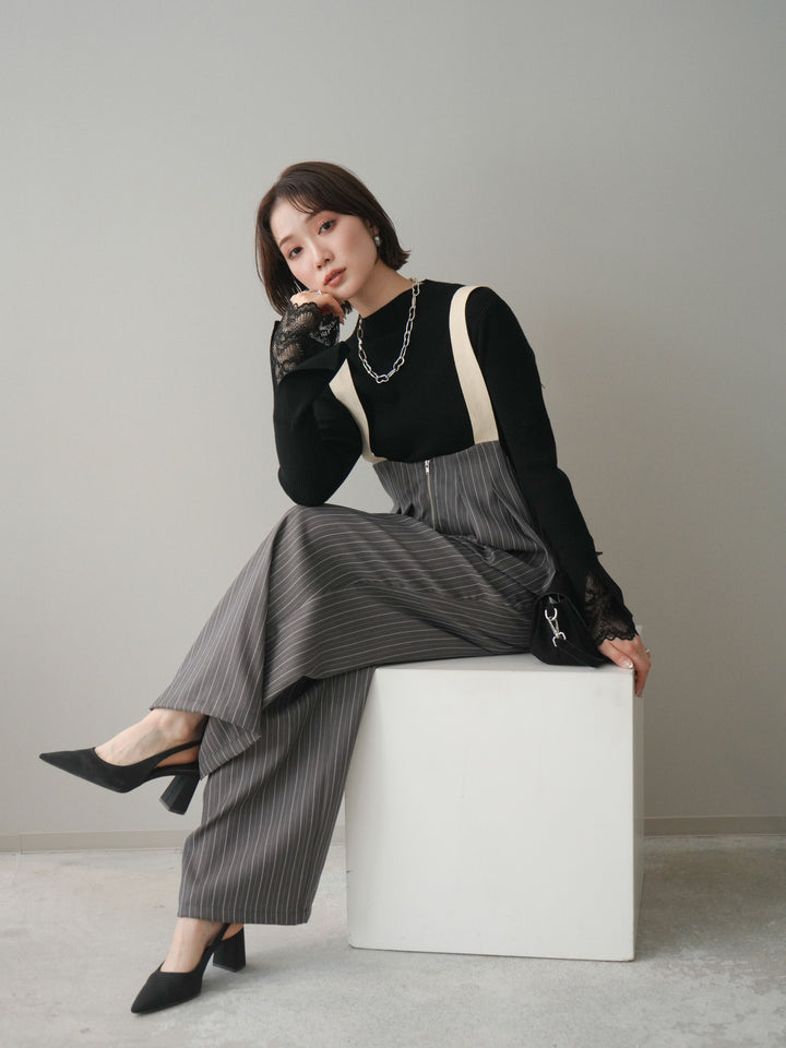 [SET]袖スカラップレースオフネックニットトップス+グログランテープストライプサロペット(2set)