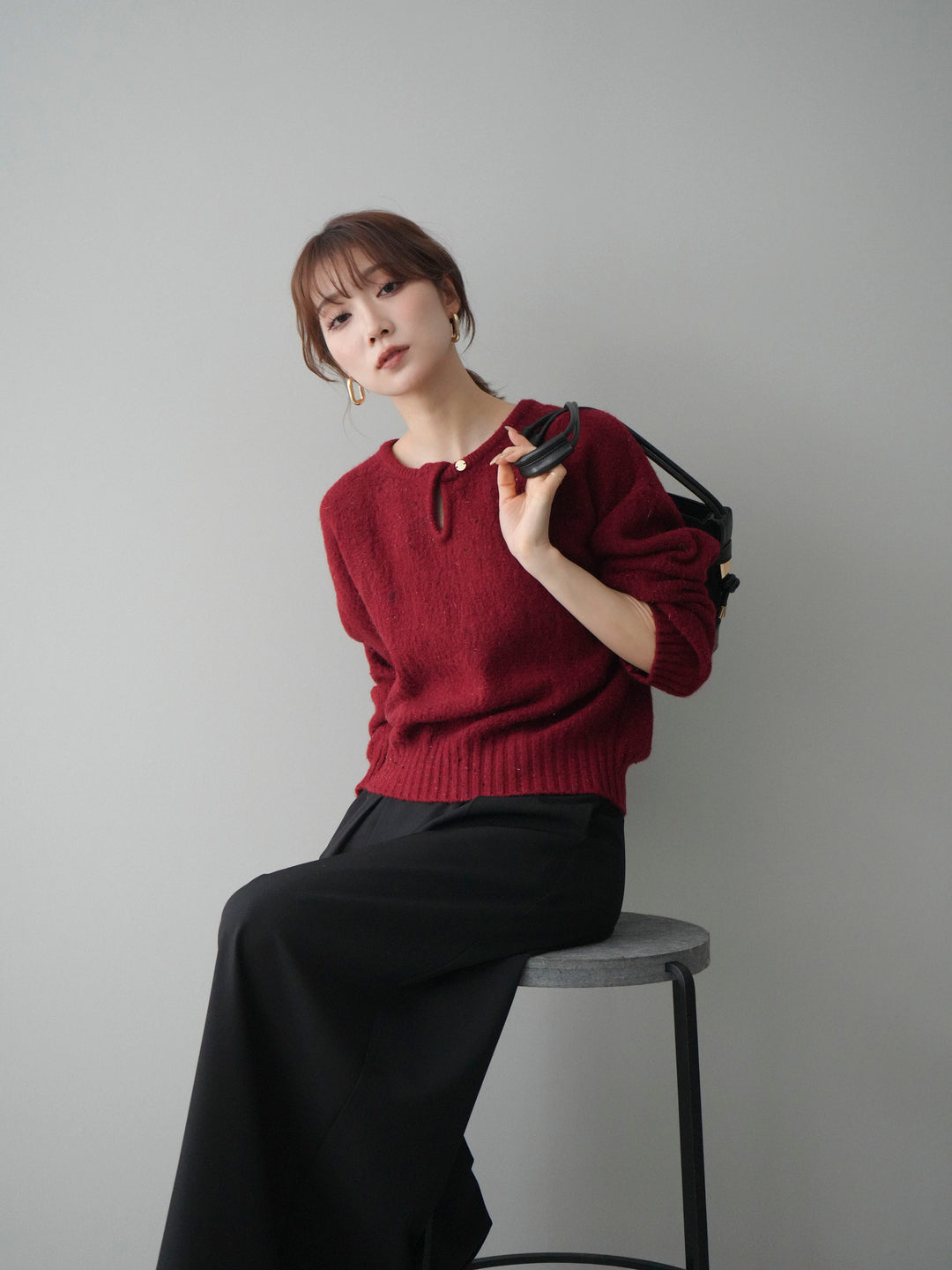 [予約]ツイストネックラメネップヤーンニットプルオーバー/red