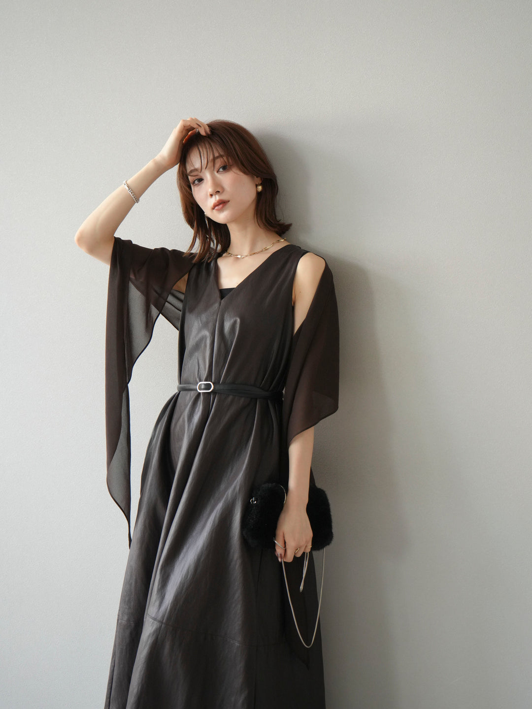 [予約]レザーAラインワンピース/ブラウン