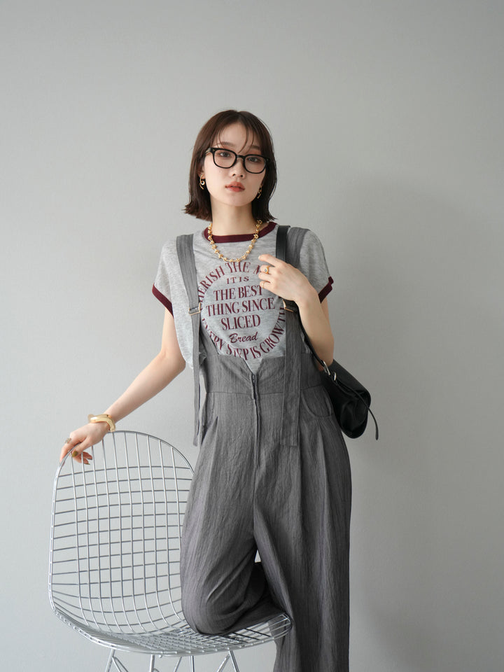 [SET]ストリングデザインハイウエストサロペット+シアーフライス ロゴプリントT (2set)