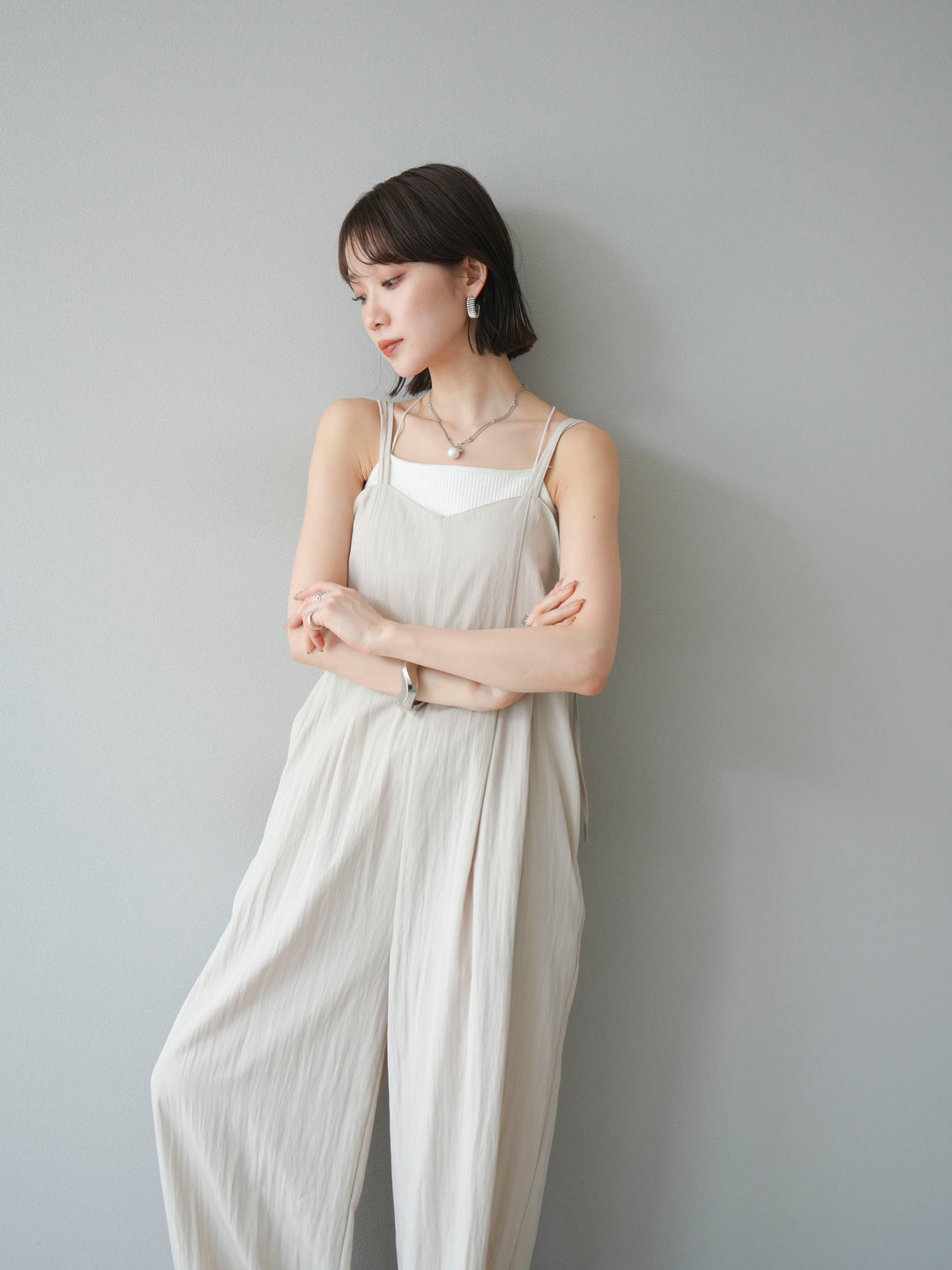 [SET]リネンライクビスチェデザインサロペット+ダブルストラップカットリブブラキャミソール(2set)