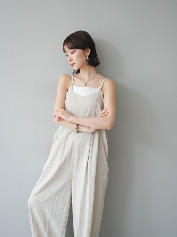 [SET]リネンライクビスチェデザインサロペット+ダブルストラップカットリブブラキャミソール(2set)