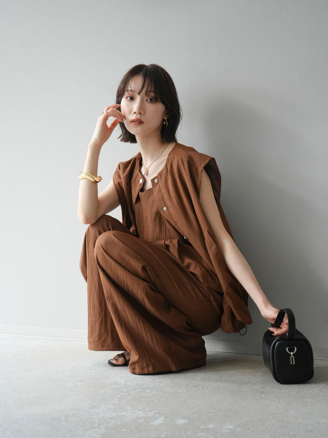 [SET]リネンライクビスチェデザインサロペット+リネンライクドロストバルーンブルゾン(2set)