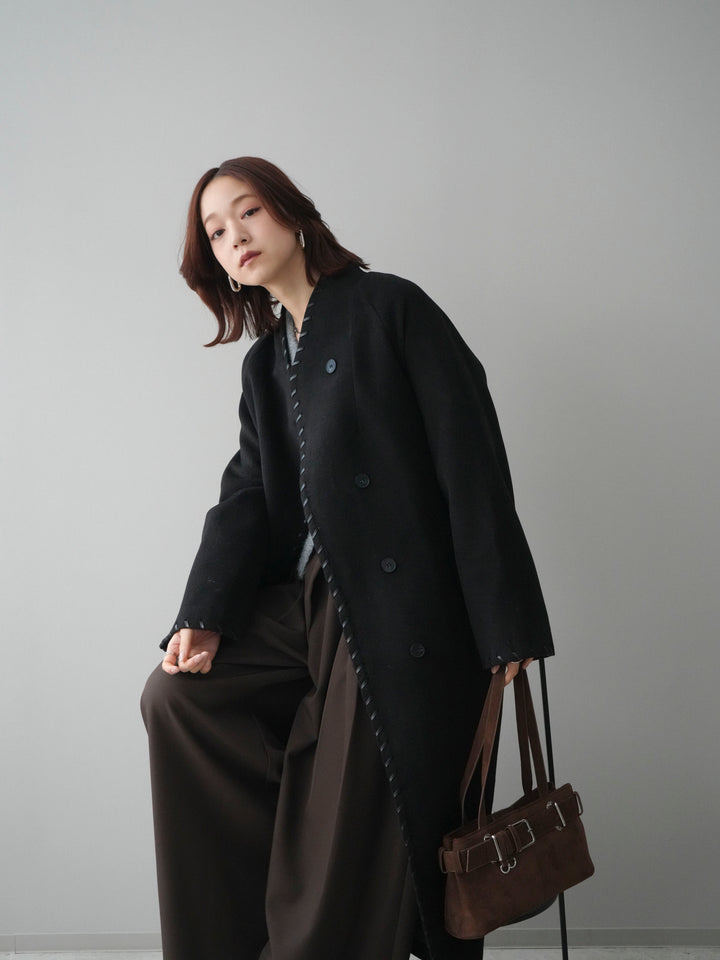 [SET]ハンドステッチ裏中綿ロングコート+モヘア衿付きボタンプルオーバー+テープベルトタックバギーパンツ(3set)