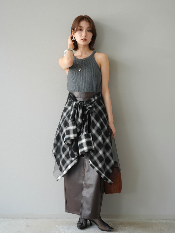 [予約]フェイクレザーフロントスリットスカート/ブラウン