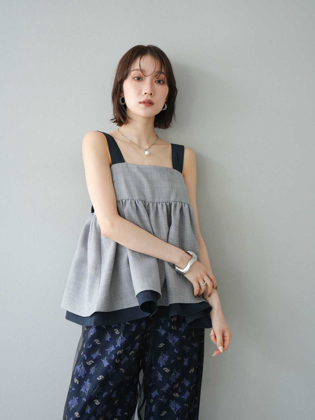 [SET]リネンライク配色フレアタンクトップ+ブーケプリントタックパンツ(2set)