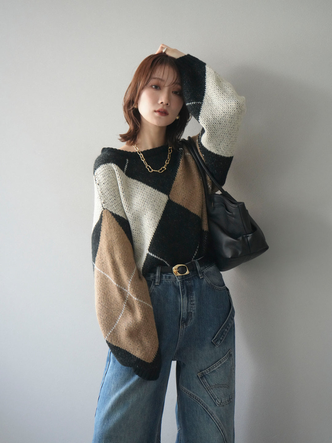 [SET]配色ステッチアーガイル柄ニットプルオーバー+選べるアクセセット(2set)