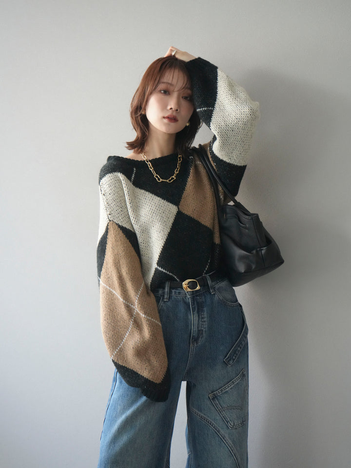 [SET]配色ステッチアーガイル柄ニットプルオーバー+選べるアクセセット(2set)