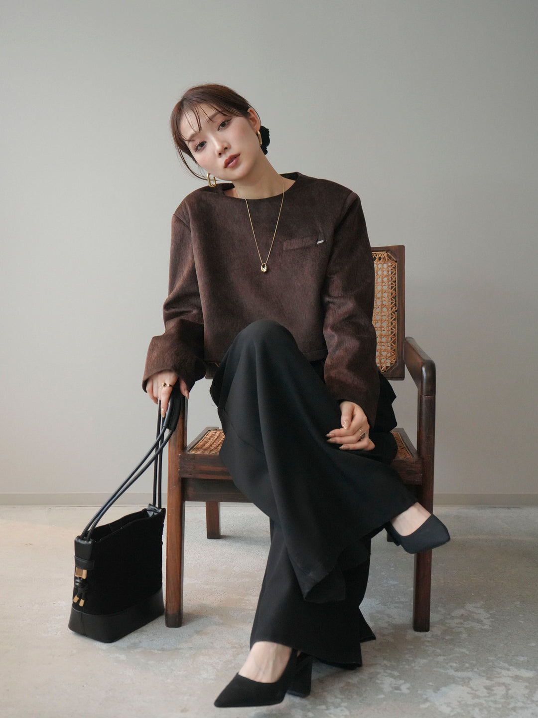 [予約]リブニットレイヤードスエードプルオーバー/brown