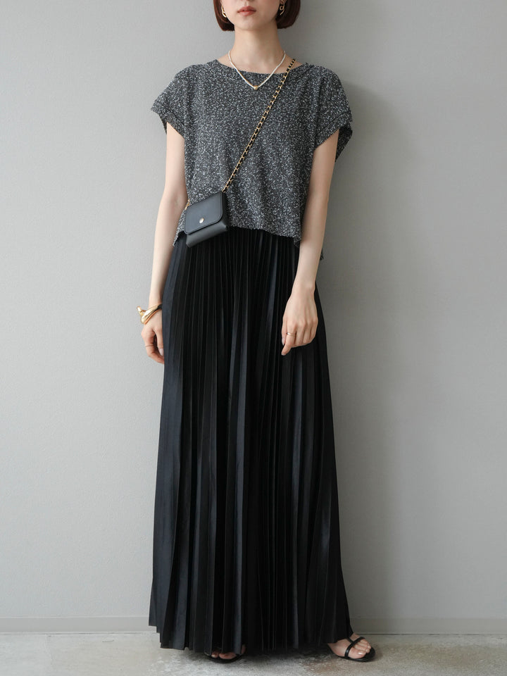 [SET]ネップヤーンクロップドニットベスト+サテンプリーツマキシスカート(2set)