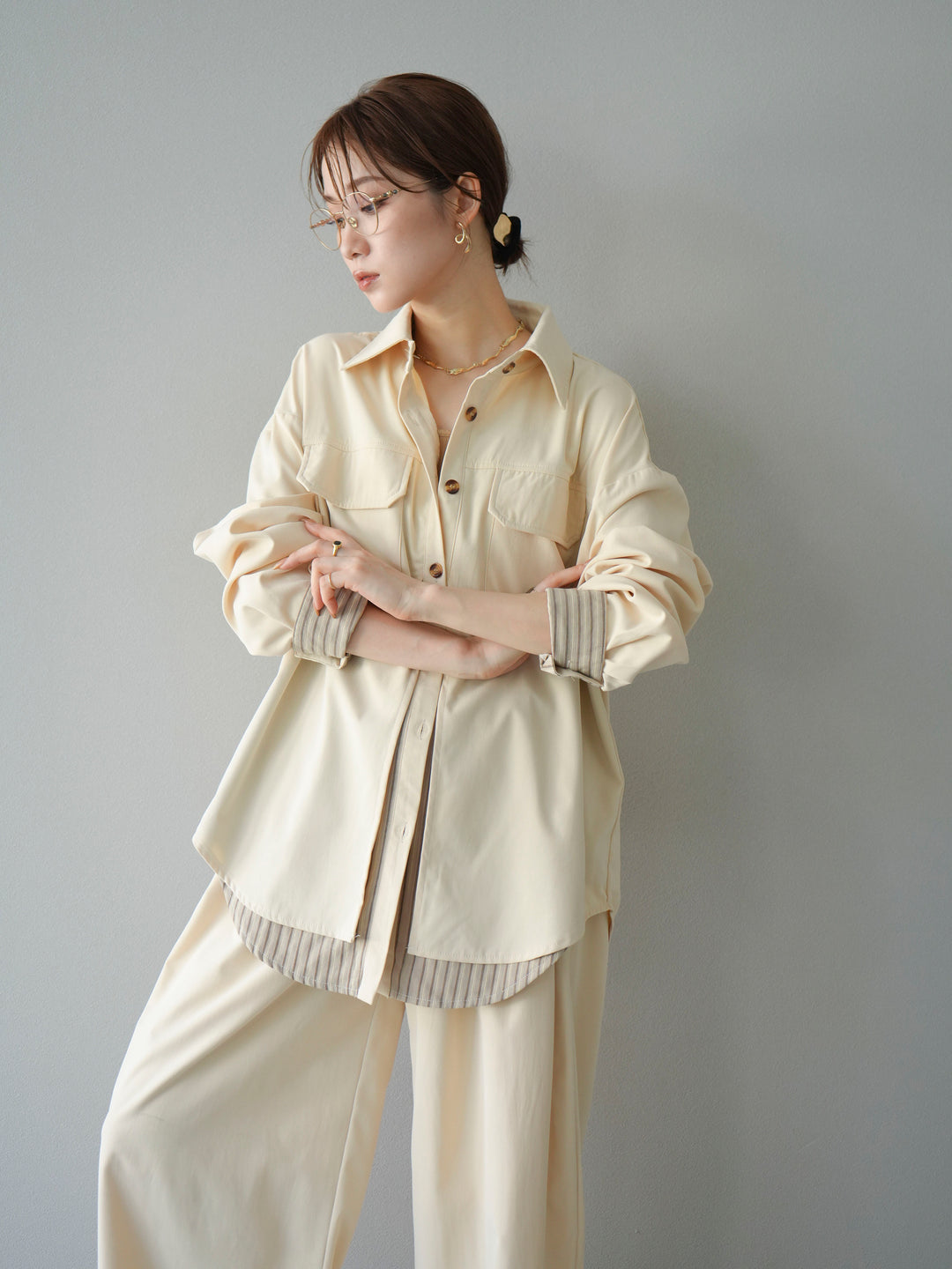 [予約]ストライプレイヤードシャツ/アイボリー