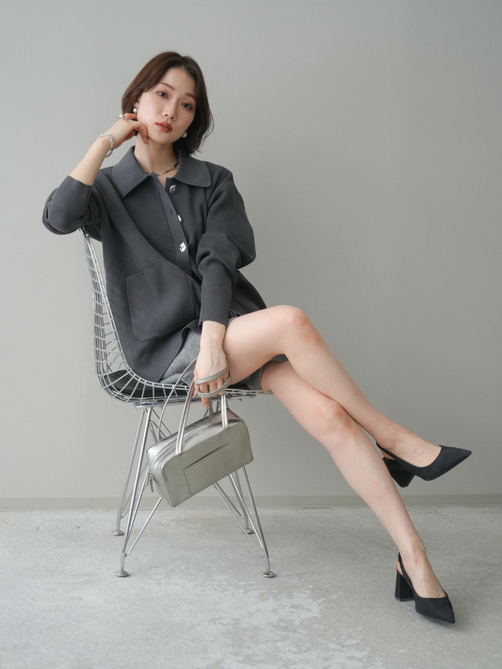 [予約]メタルボタン襟付きポリエステルニットカーディガン/charcoal