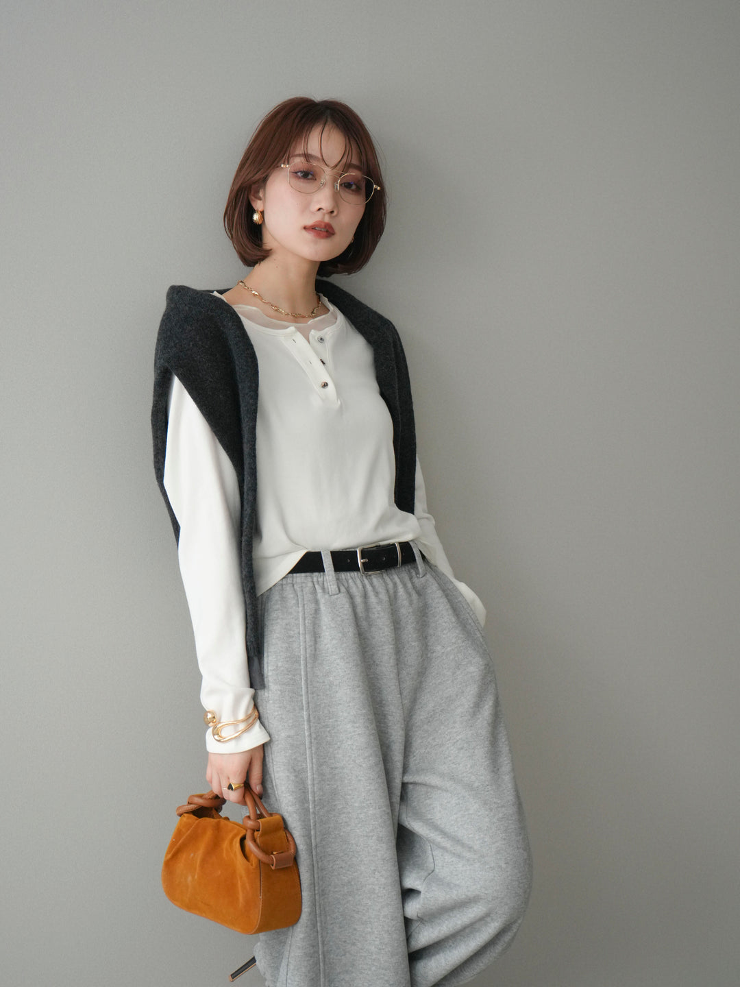 [予約]チュールレイヤードヘンリーネックカットソー/ivory