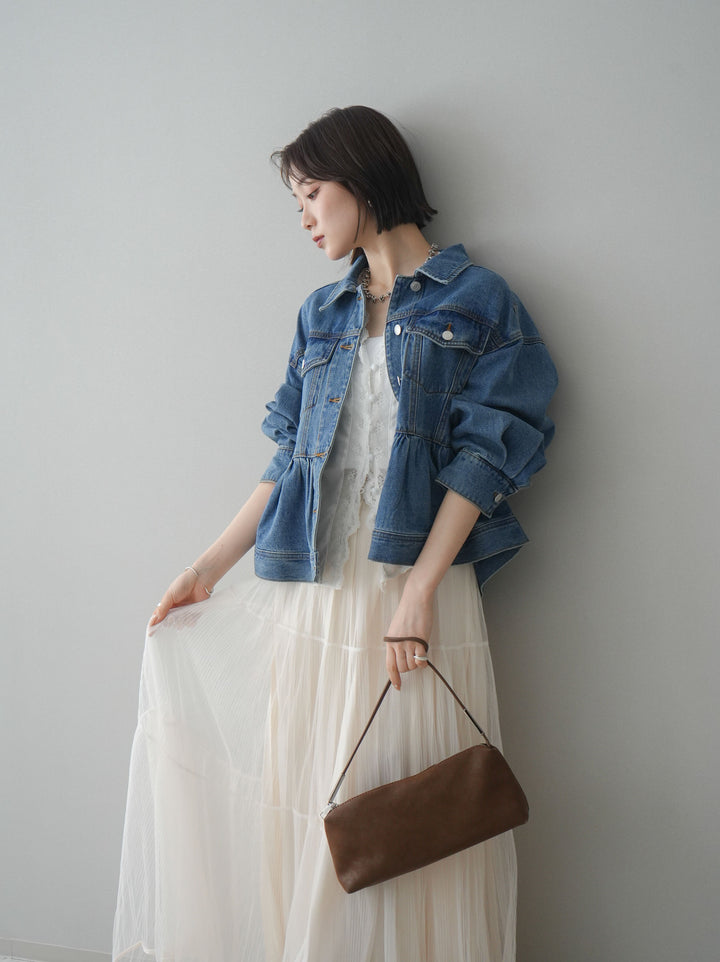 【套裝】荷葉邊牛仔外套+無袖緞面蕾絲吊帶背心+亮片褶皺多層薄紗長裙（三件套）