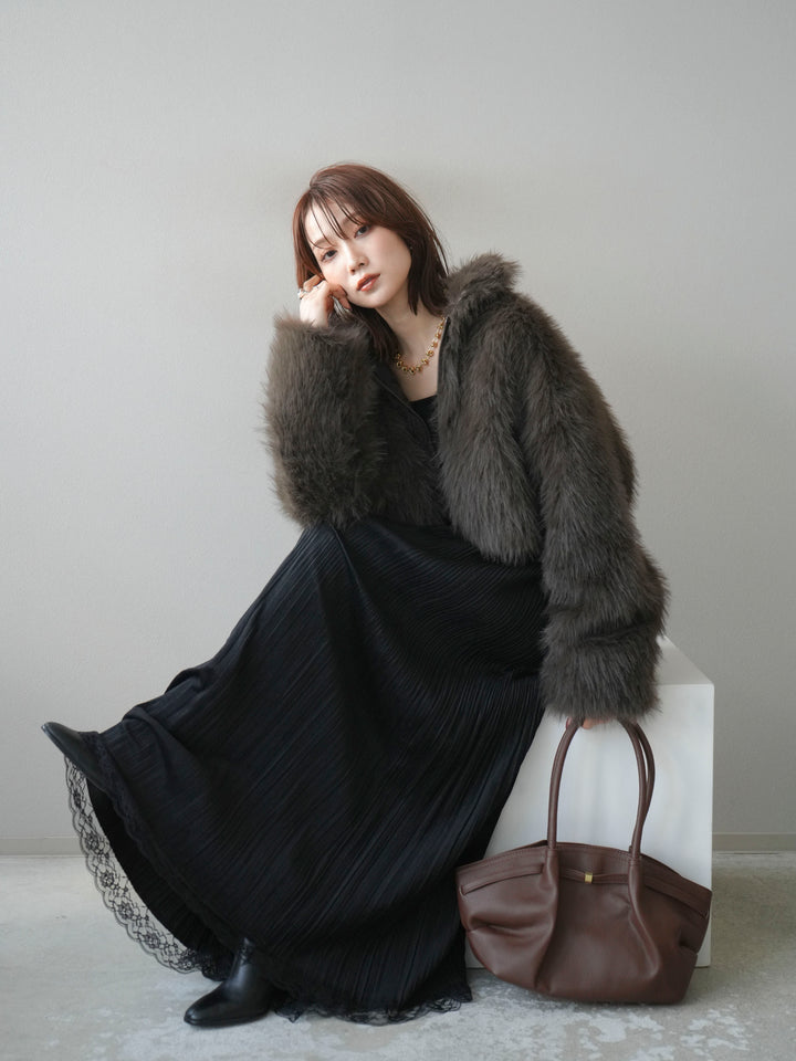 [予約]フェイクファーショートZIPジャケット/brown