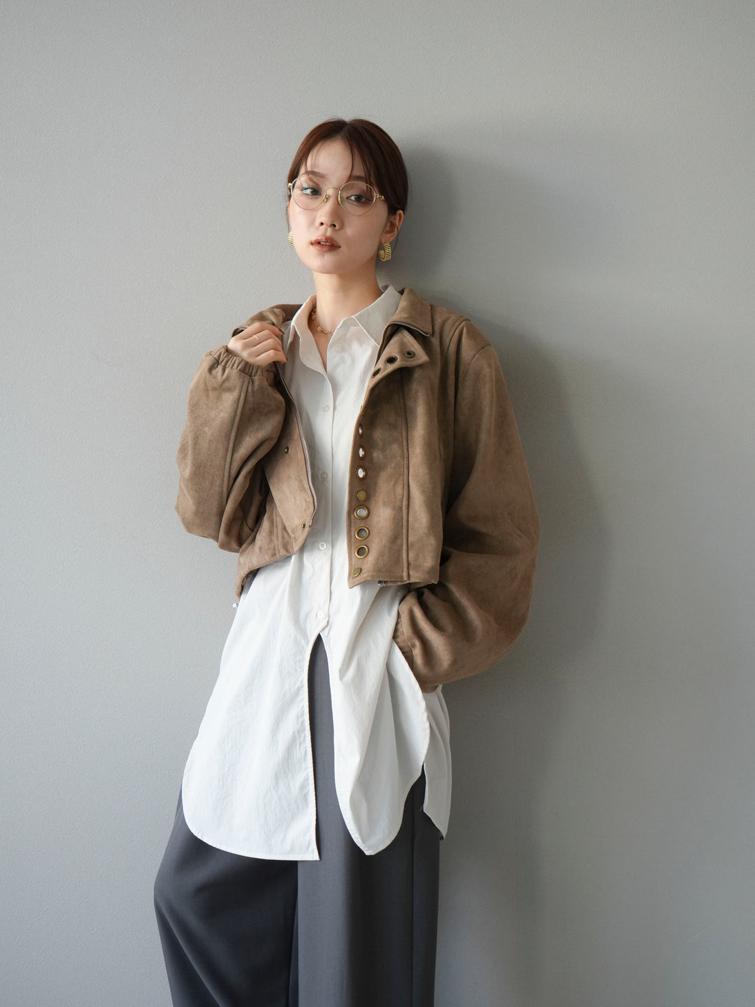 [予約]パンチングデザインスエードショートジャケット/ベージュ