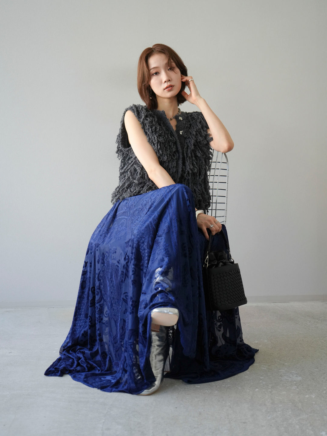 [SET]フリンジループニットベスト+アンティーク柄フロッキーマキシスカート(2set)