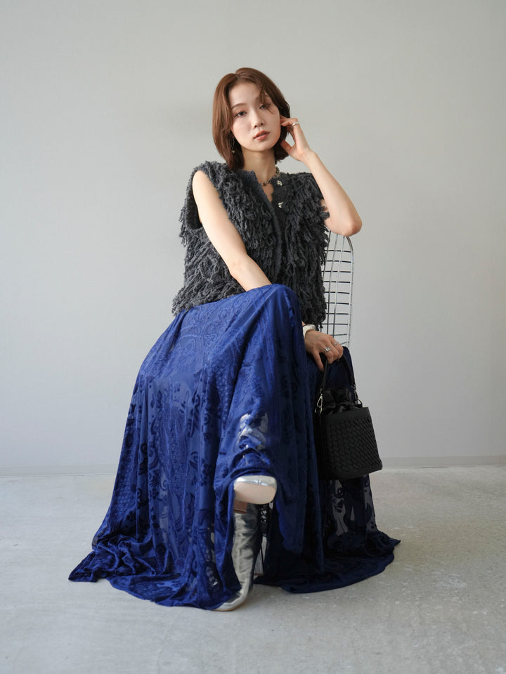 [SET]フリンジループニットベスト+アンティーク柄フロッキーマキシスカート(2set)