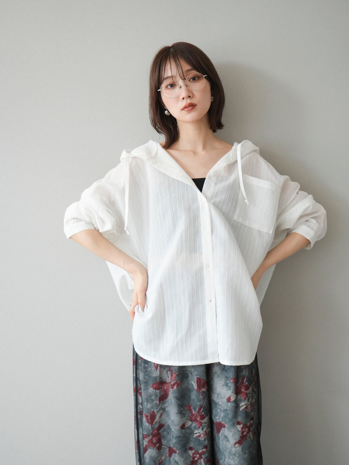 [予約]ワッシャーストライプフーディーシャツ/オフ