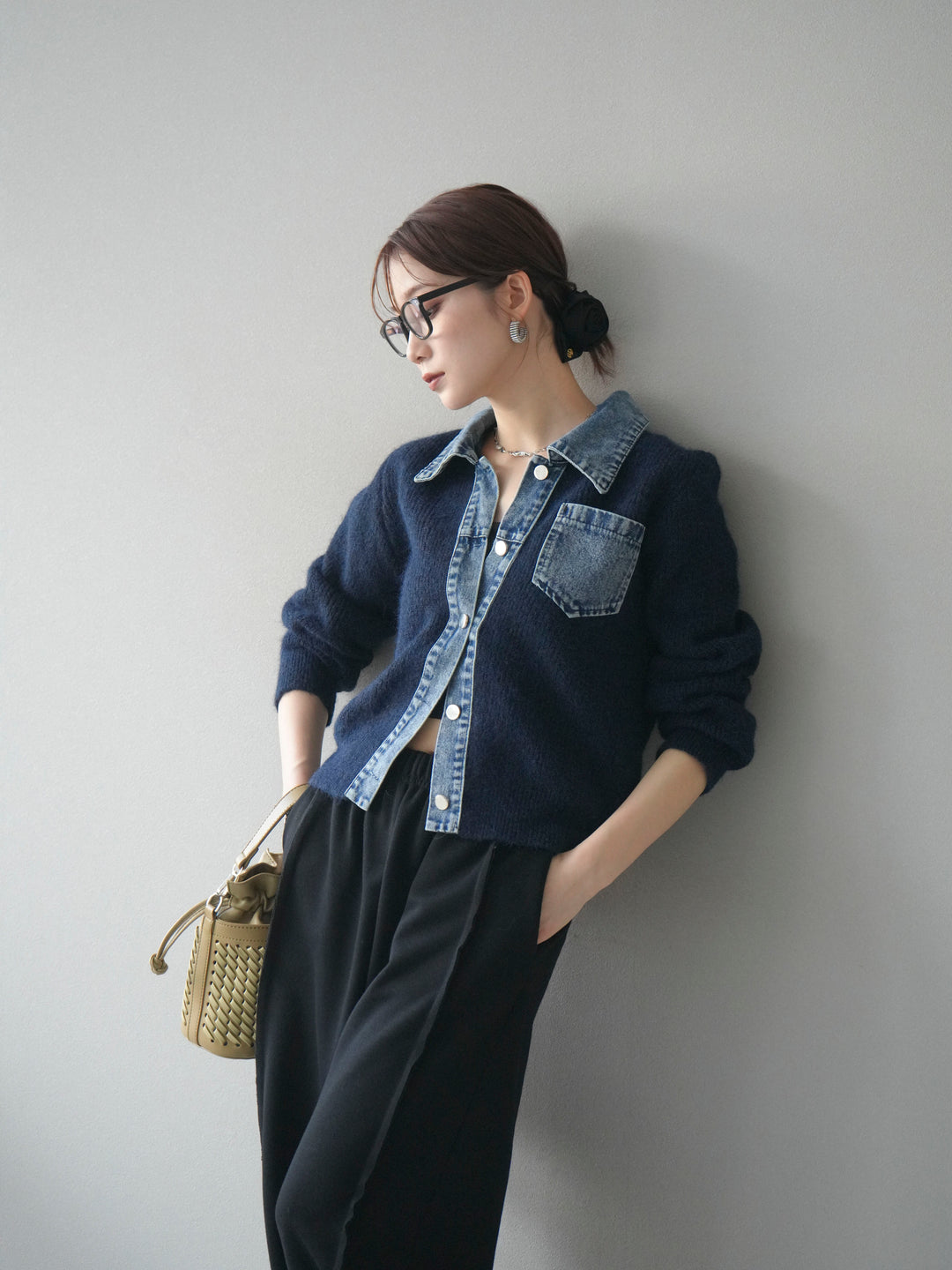 [予約]デニム襟ポケットニットカーディガン/navy