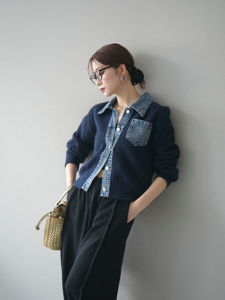 [予約]デニム襟ポケットニットカーディガン/navy