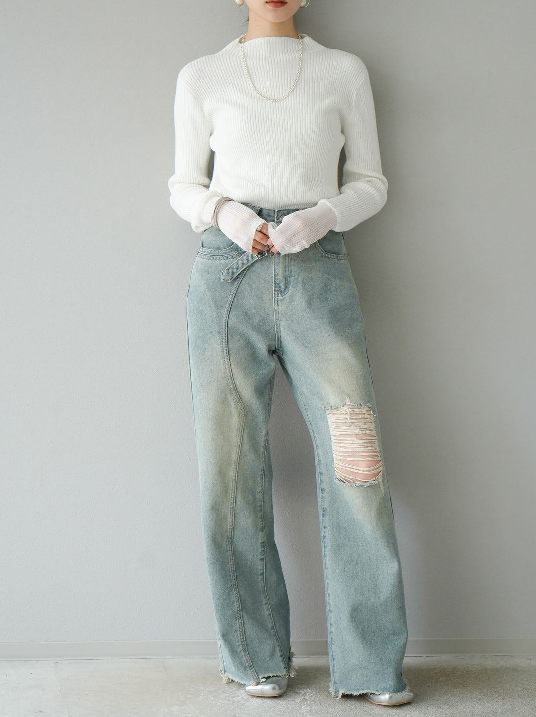 [予約]袖ラメシアー切替リブニットトップス/オフ