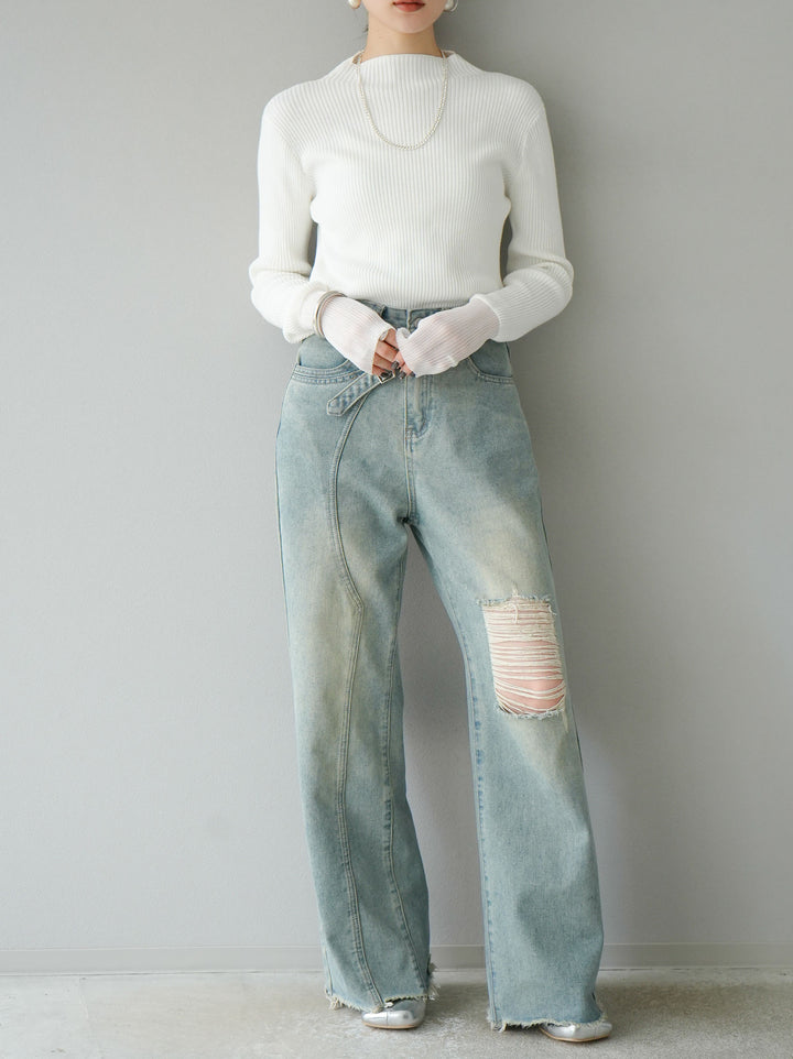 [予約]袖ラメシアー切替リブニットトップス/オフ