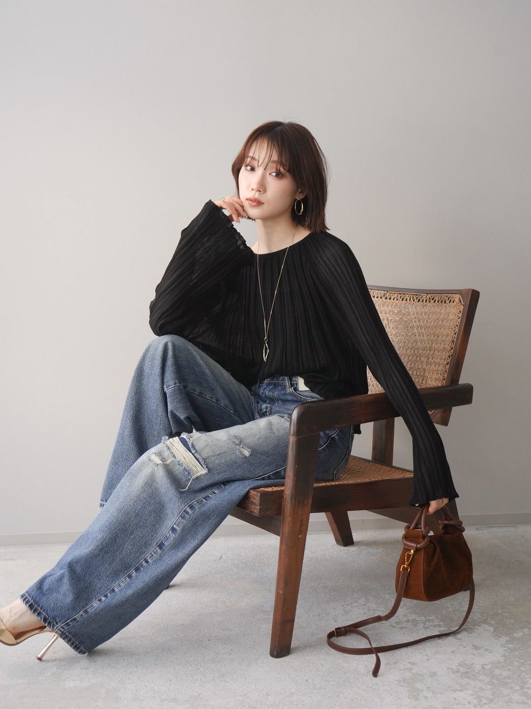 [SET]プリーツシアーフレアスリーブニットトップス+ダメージデニムセミワイドパンツ(2set)