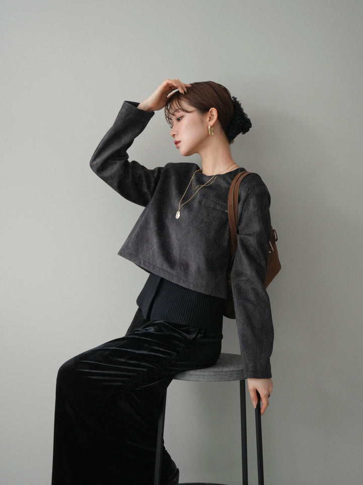[予約]リブニットレイヤードスエードプルオーバー/charcoal