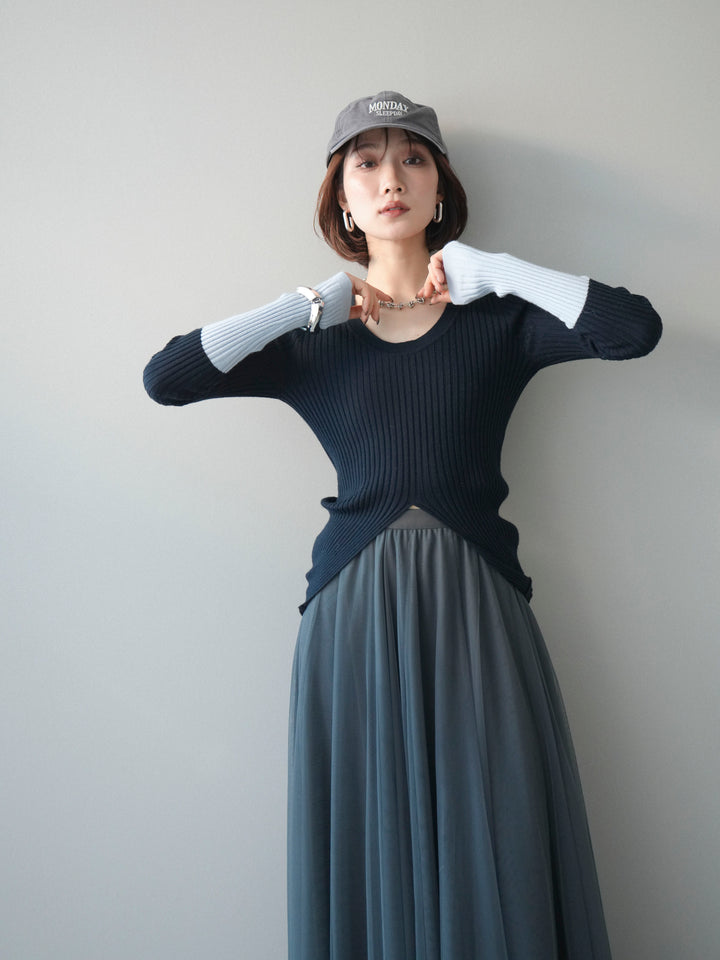 [予約]袖配色ランダムリブフロントスリットニットトップス/navy