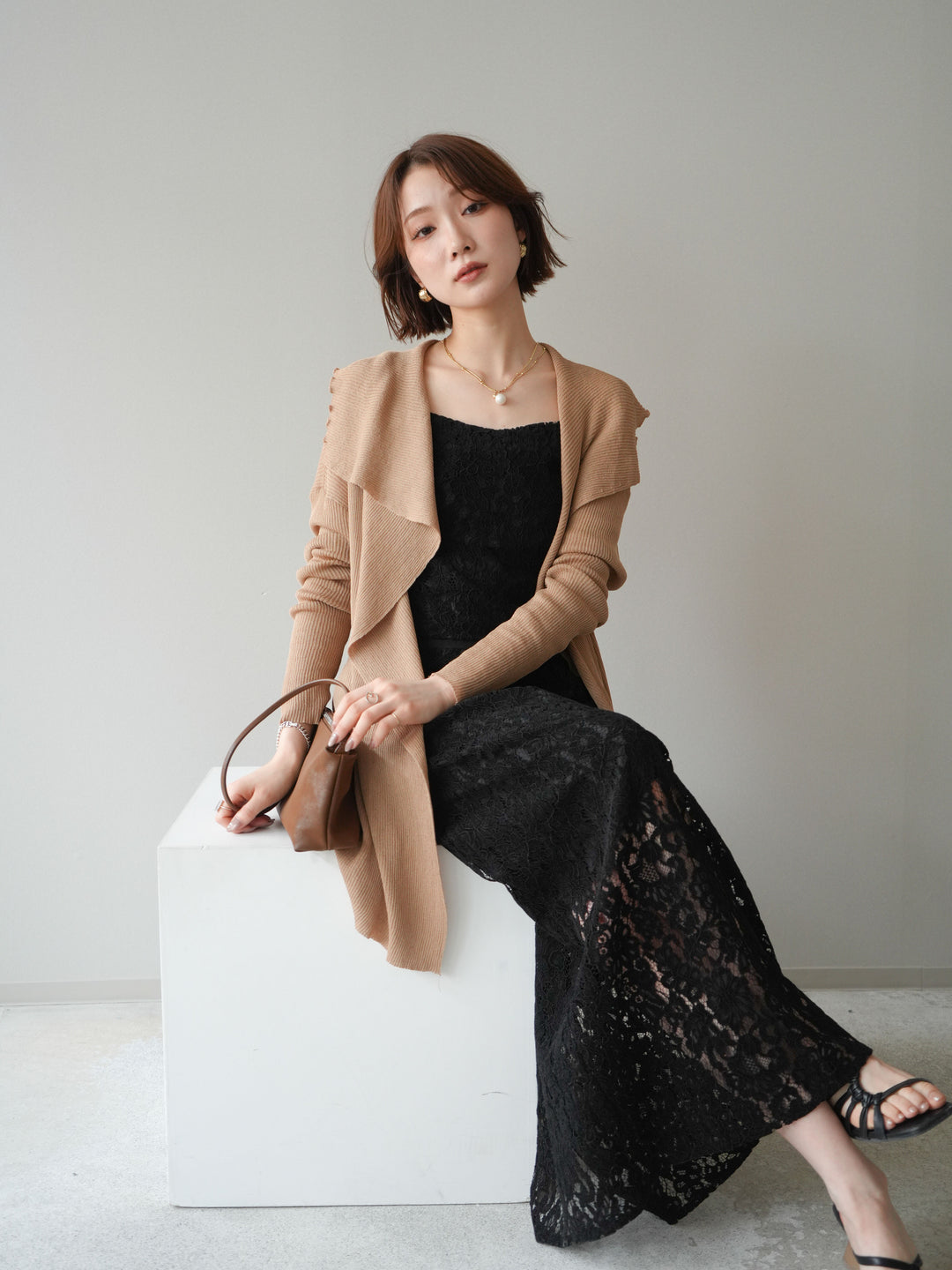 [SET]ドレープリブニットガウン+フルレースキャミ＆IラインスカートSET UP(2set)