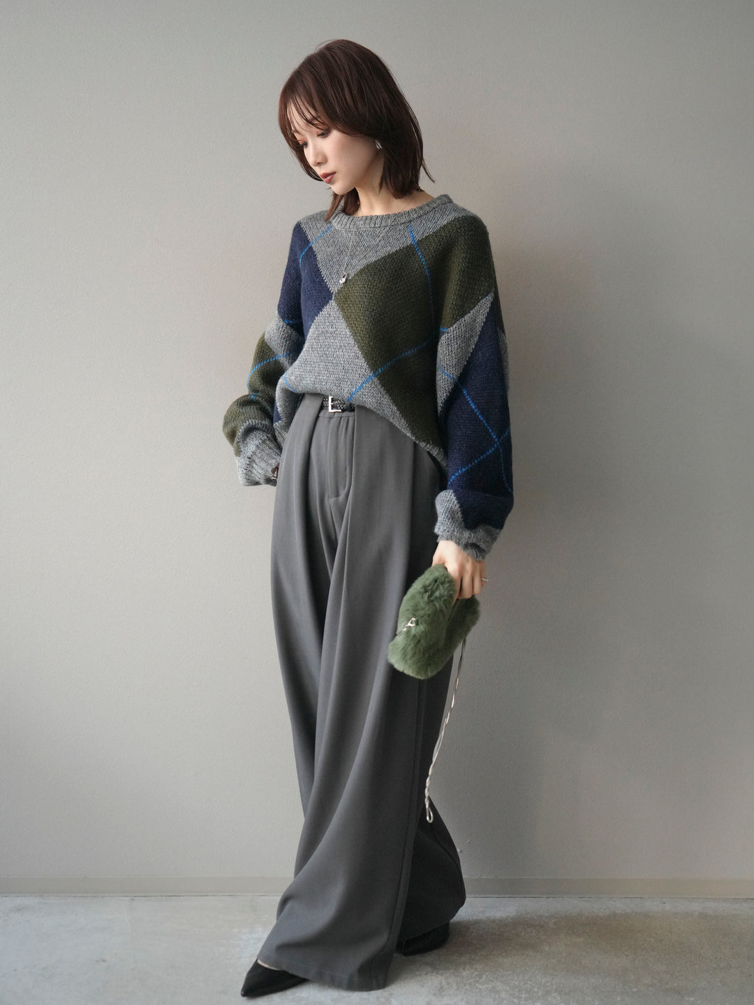 [SET]配色ステッチアーガイル柄ニットプルオーバー+ベルトループデザインワイドパンツ(2set)