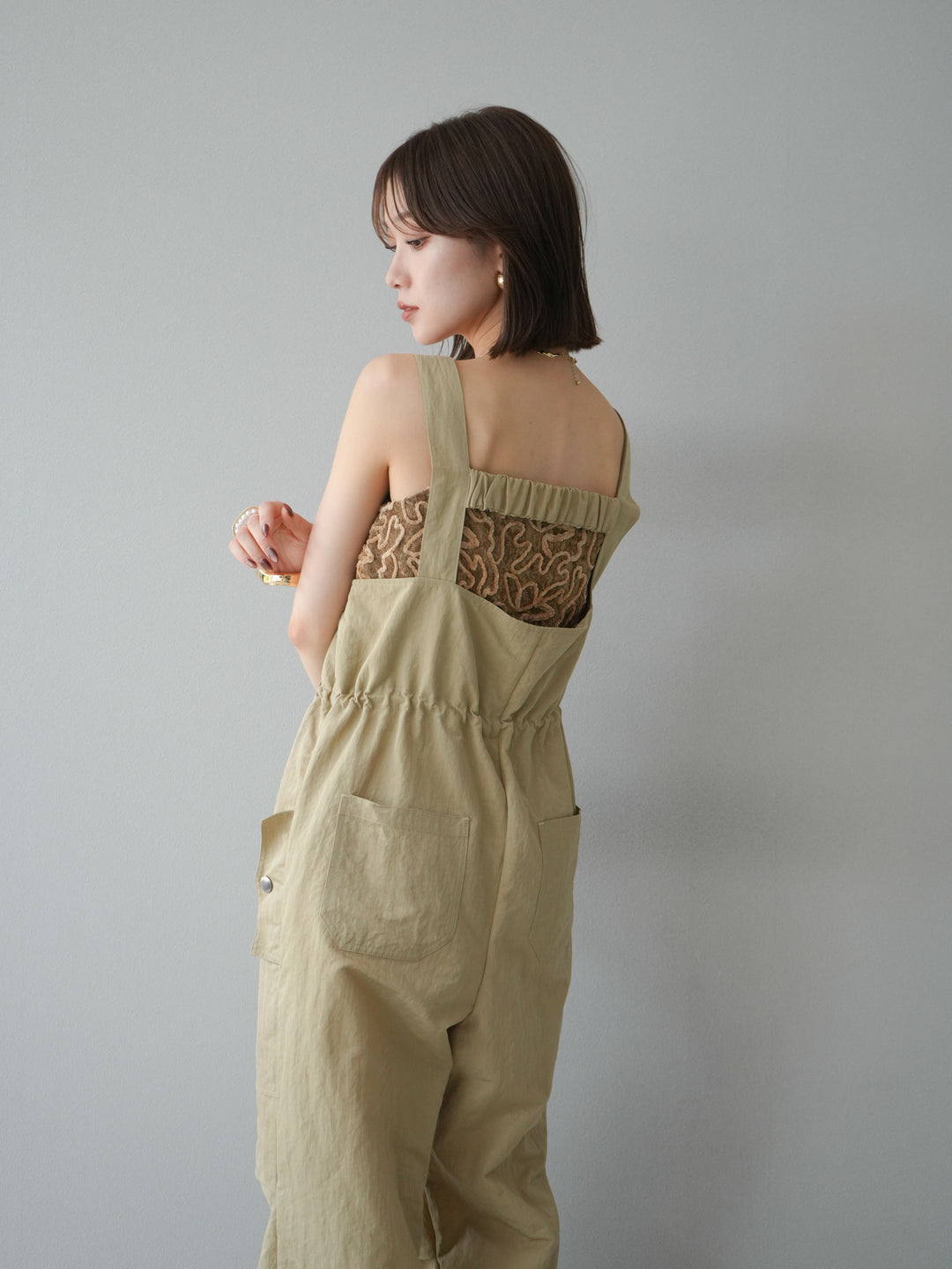 [予約]ナイロンタックデザインサロペット/ベージュ