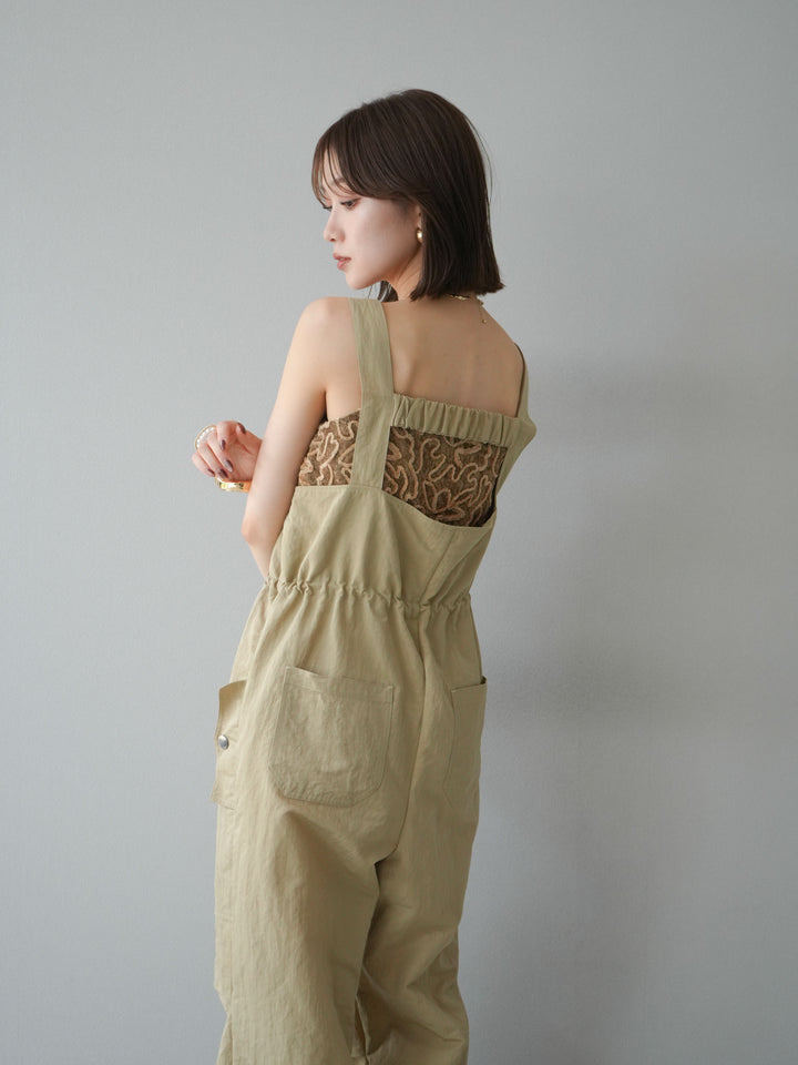 [予約]ナイロンタックデザインサロペット/ベージュ