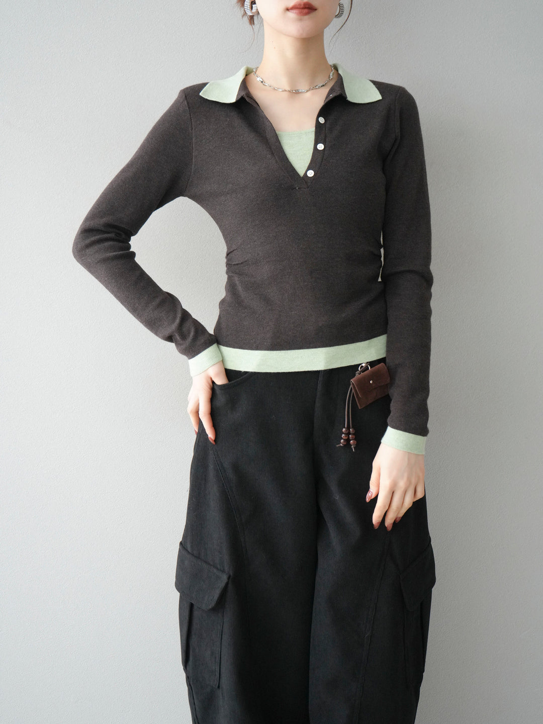 [予約]レイヤード配色ポロニットトップス/darkbrown