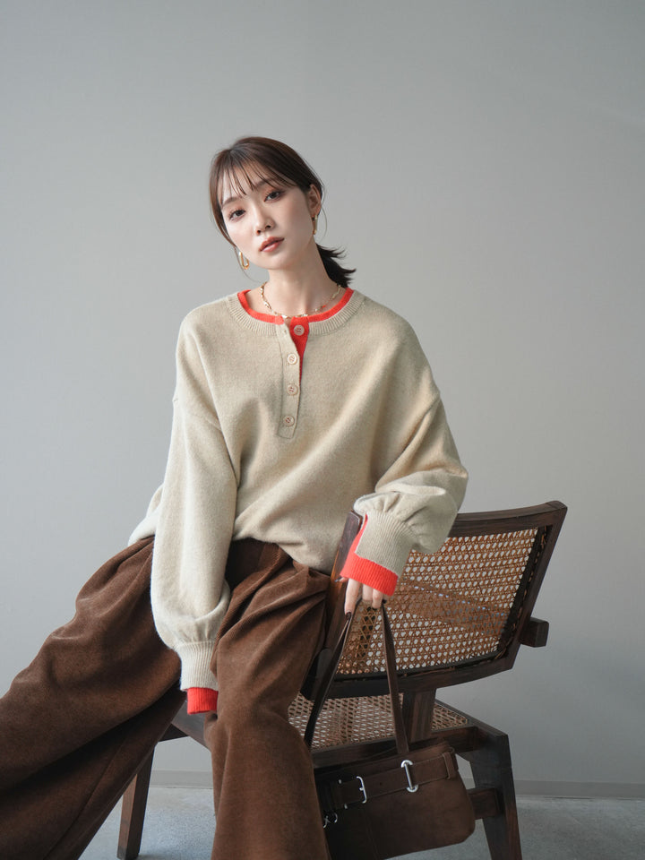 [予約]ヘンリーネック配色レイヤードニットプルオーバー/beige