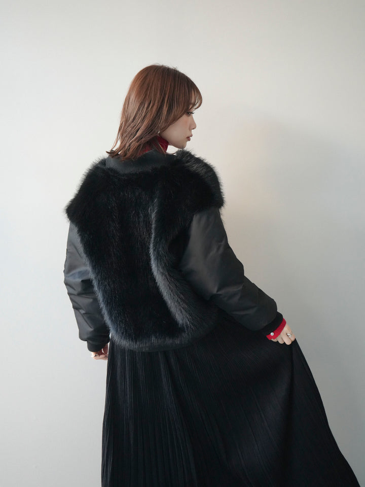 [SET]ファードッキングMA-1+袖ボタンボトルネックリブニットトップス+裾レーススウェードプリーツマキシスカート(3set)