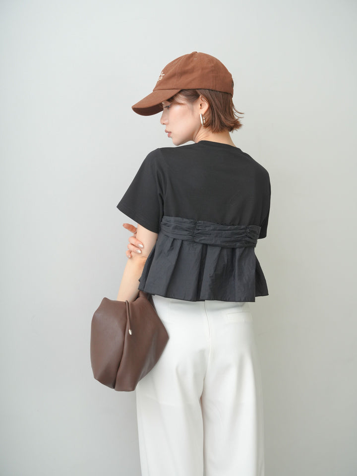 [SET]ナイロンドッキングツイストTEE +アシンメトリーベルトタックワイドパンツ(2set)