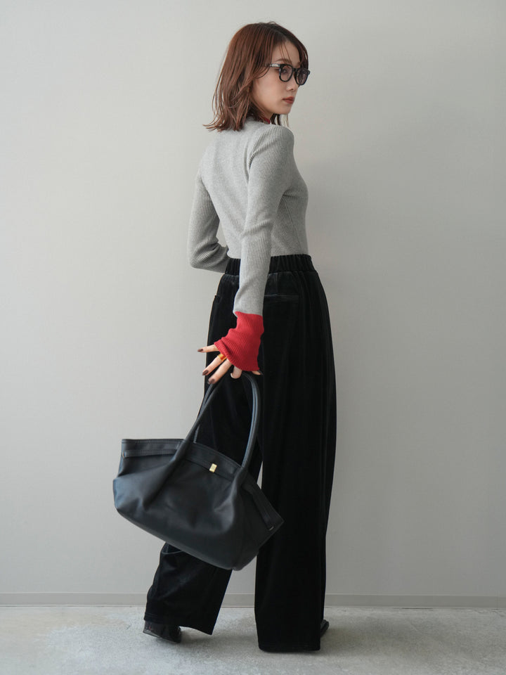 [SET]袖ボタンハイネック配色リブニットトップス+ベロアベルトスリムパンツ(2set)