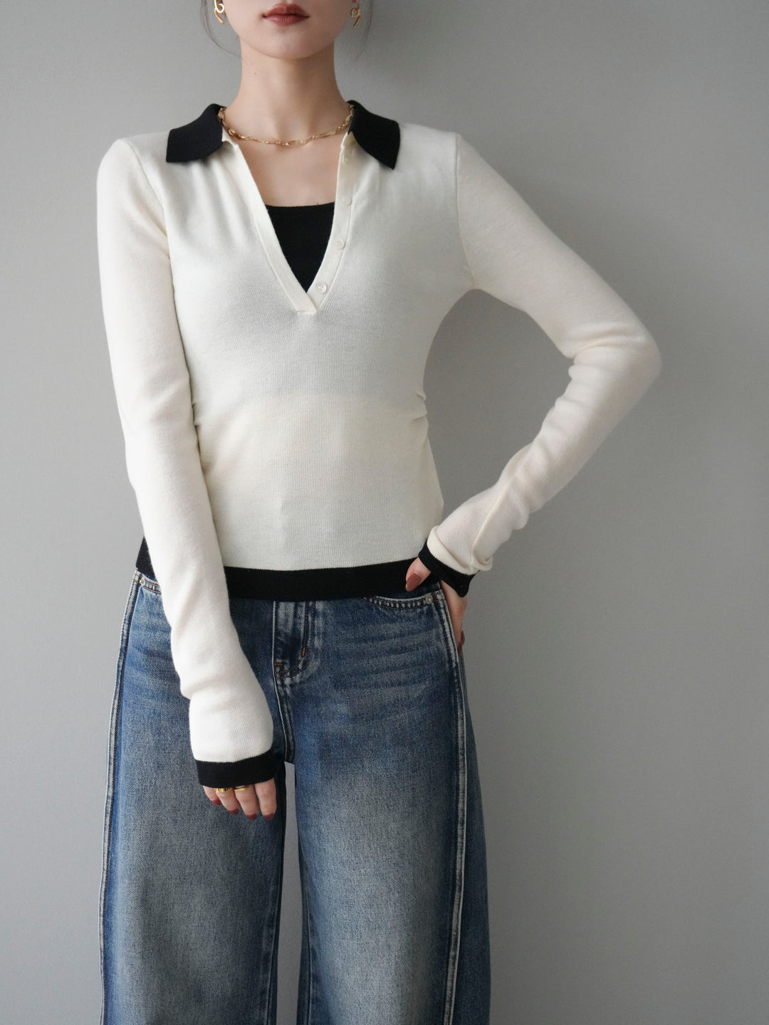 [予約]レイヤード配色ポロニットトップス/beige