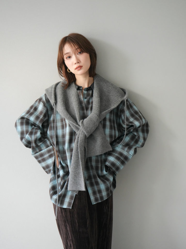 [SET]レザー襟オンブレチェックオーバーシャツ +クラッシュベロアナロースカート(2set)