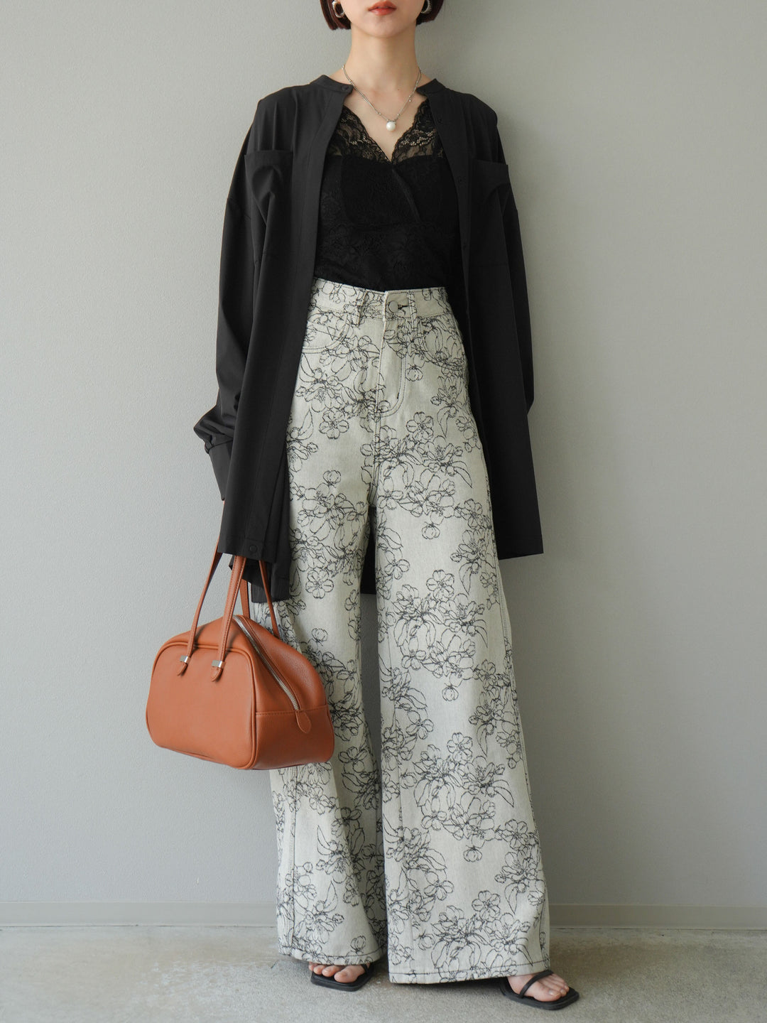 【預購】花朵提花牛仔寬褲/黑