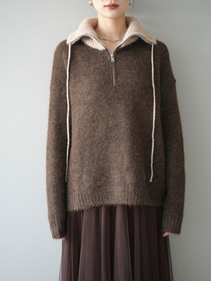 [予約]バイカラージップニットプルオーバー/brown