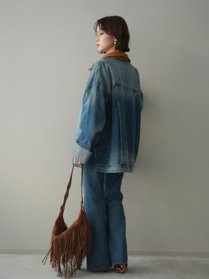 [SET]コーデュロイ×デニムミドルジャケット+フレアデニムパンツ(2set)