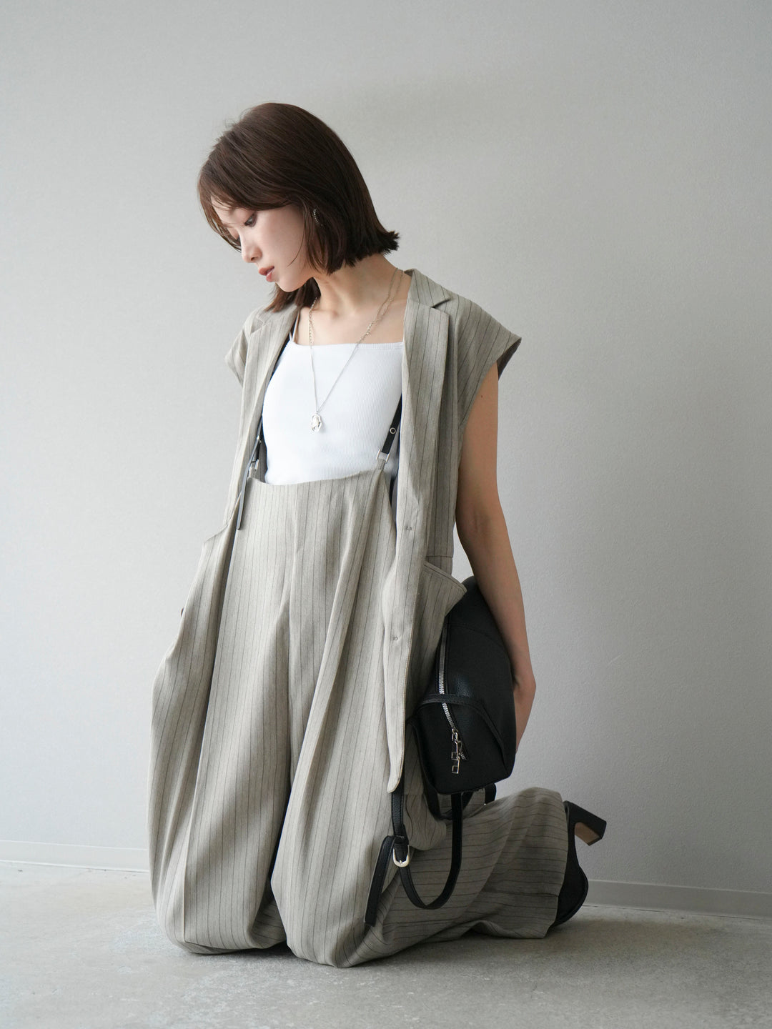 【着回しセット】[SET]ヘリンボーンストライプジレ+シアー切替ベロアトップス+ヘリンボーンストライプサロペット(3set)