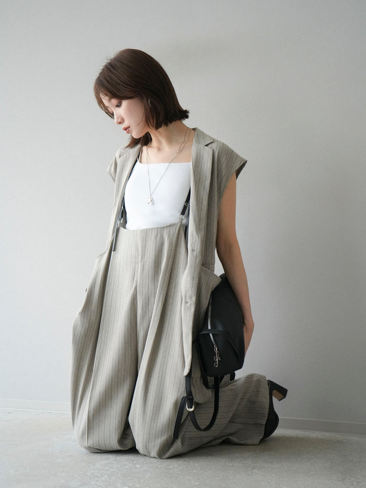 【着回しセット】[SET]ヘリンボーンストライプジレ+シアー切替ベロアトップス+ヘリンボーンストライプサロペット(3set)