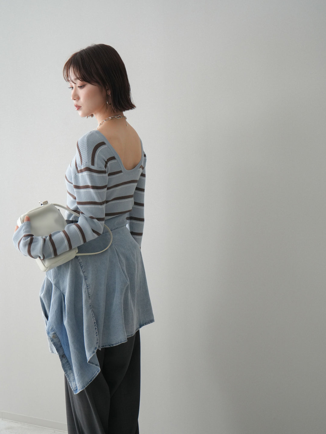 [予約]バックオープンテレコリブマルチボーダートップス/blue