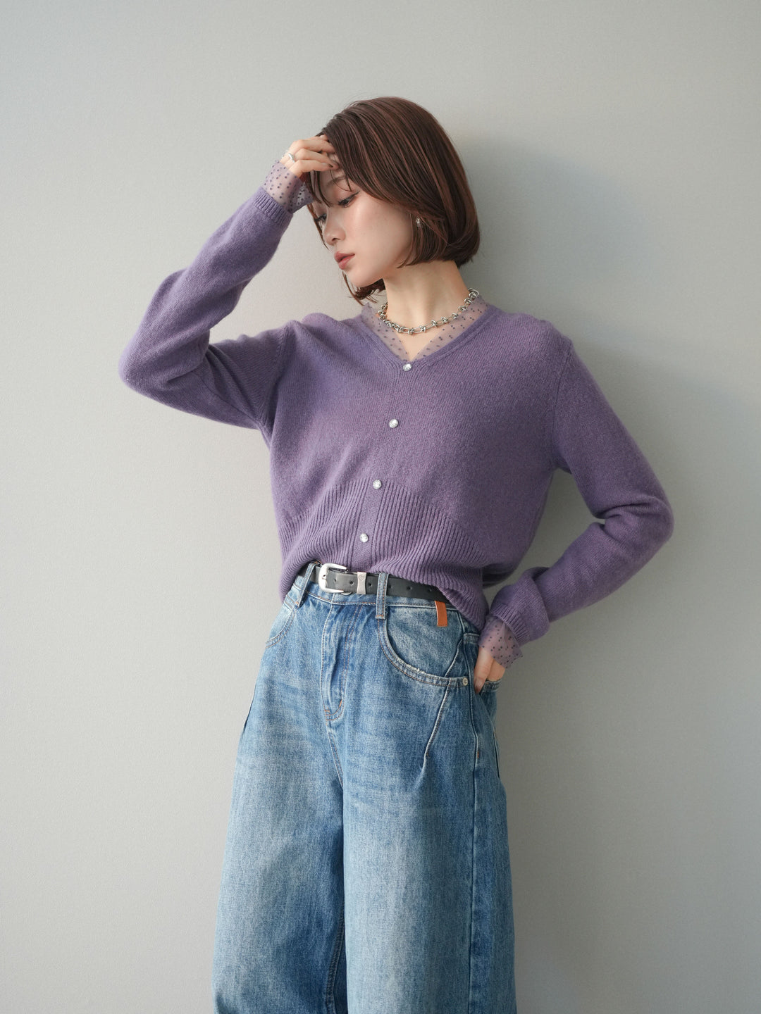 [予約]ドットチュールレイヤードボタンニットトップス/purple