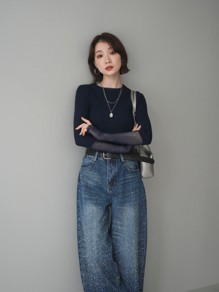 [SET]リブラメシアー切替リブニットトップス+ラインストーンカーブデニムパンツ(2set)